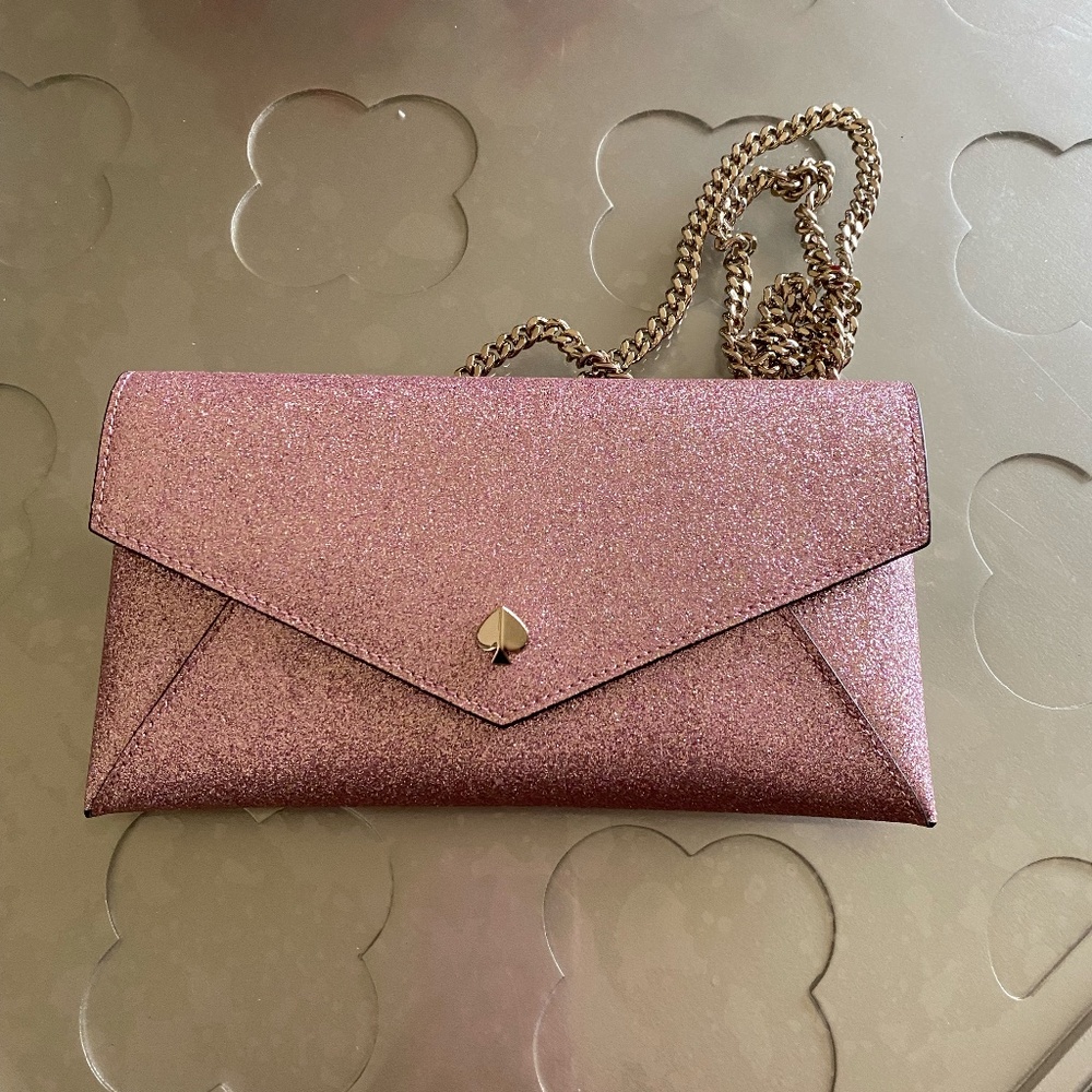 pink sparkly Kate spade convertible clutch with chain strap